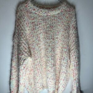 Altar'd State Cream Fuzzy Crewneck Sweater with Pastel Speckles